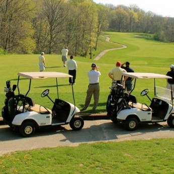 Golf Carts with Golfers waiting to hit