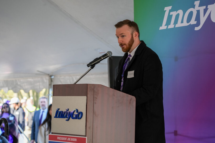 Office of Congressman André Carson Field Representative Andrew Bochnicka at purple line ribbon cutting