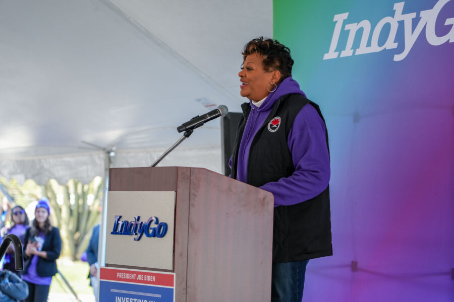 Lawrence Mayor Deb Whitfield at purple line ribbon cutting