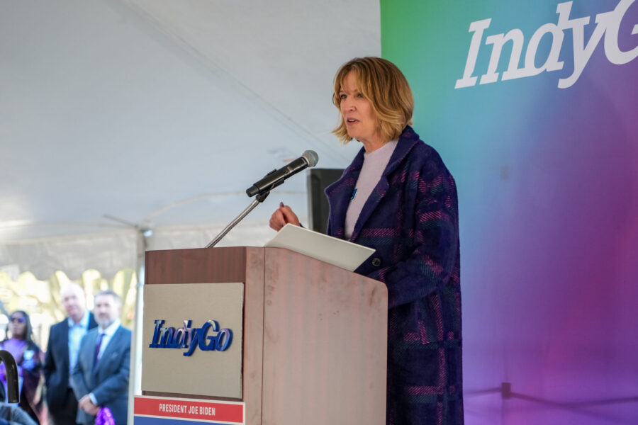 IndyGo President and CEO Jennifer Pyrz at purple line ribbon cutting
