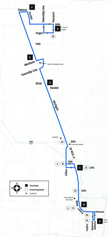 Map of Route 34 serving Carson Transit Center to St. Vincent Hospital