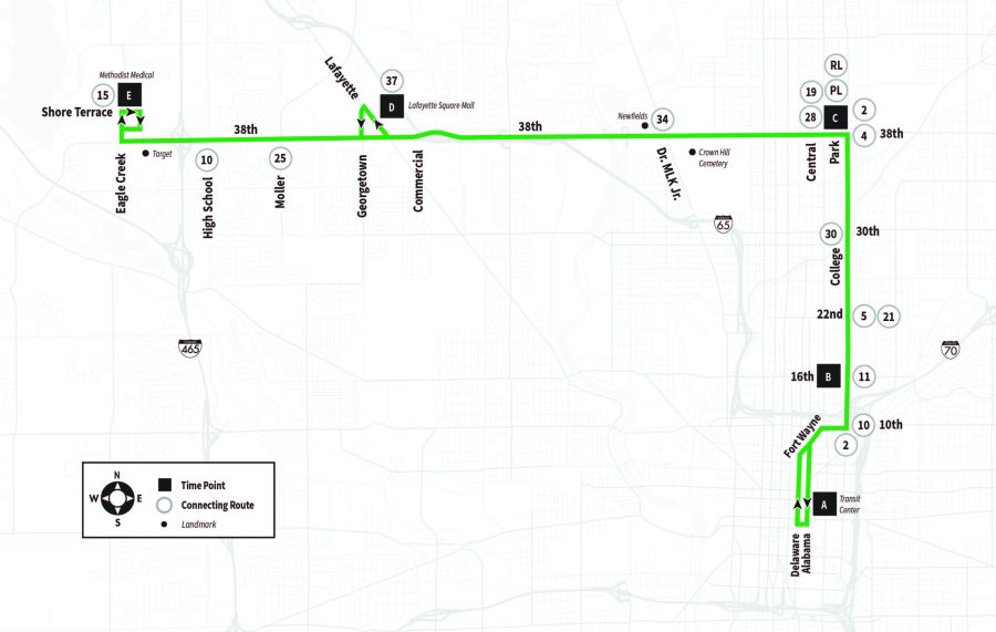 Map of Route 38 serving Carson Transit Center to Methodist Medical