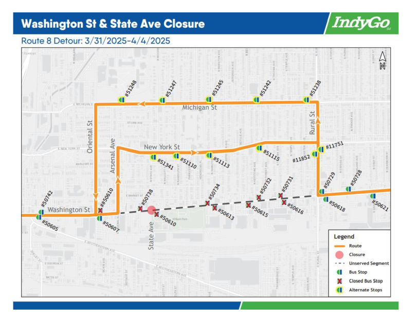 A map of the Washington Street and State Avenue detour.