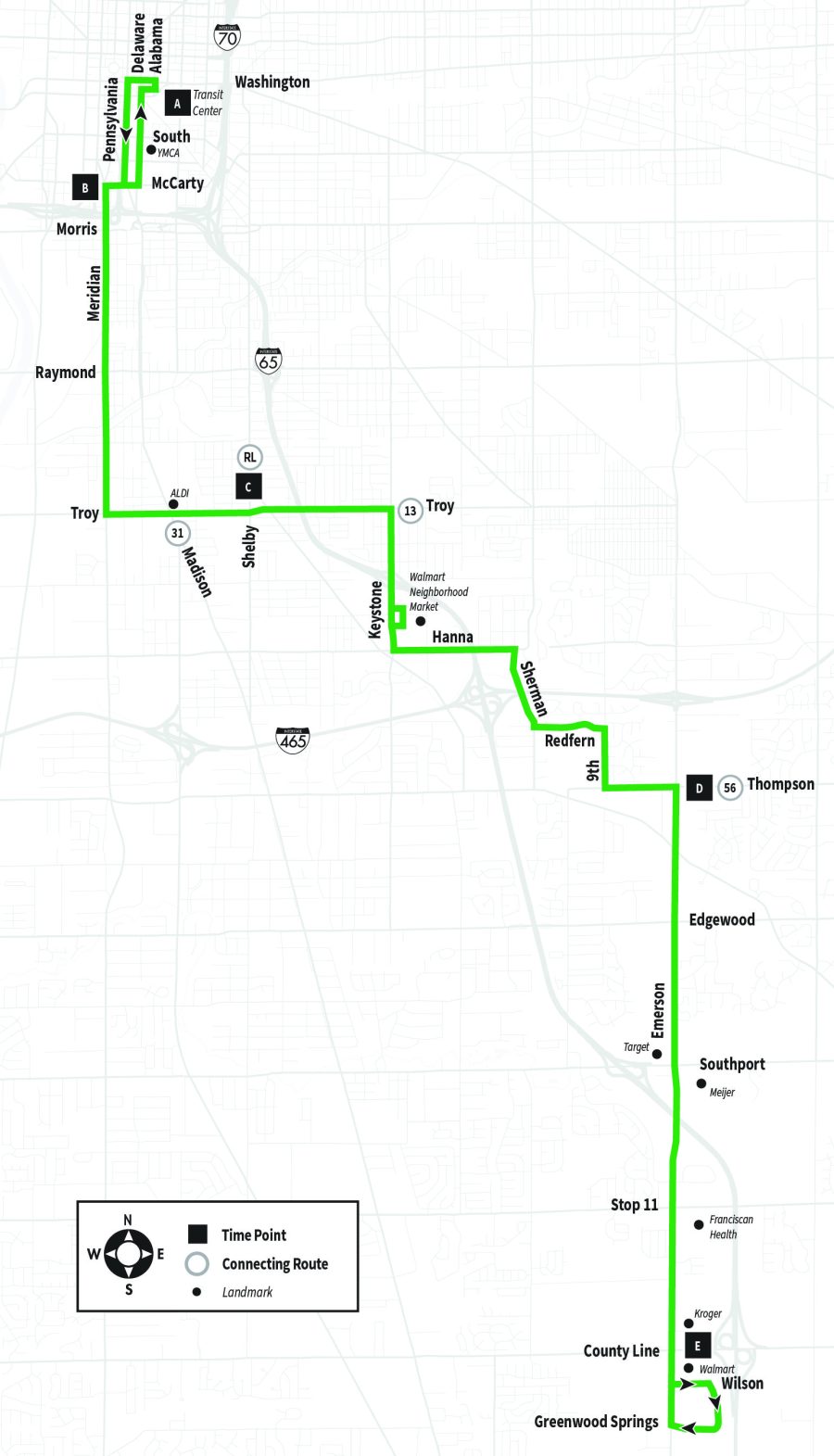 Map of Route 16 serving Carson Transit Center to Greenwood Springs