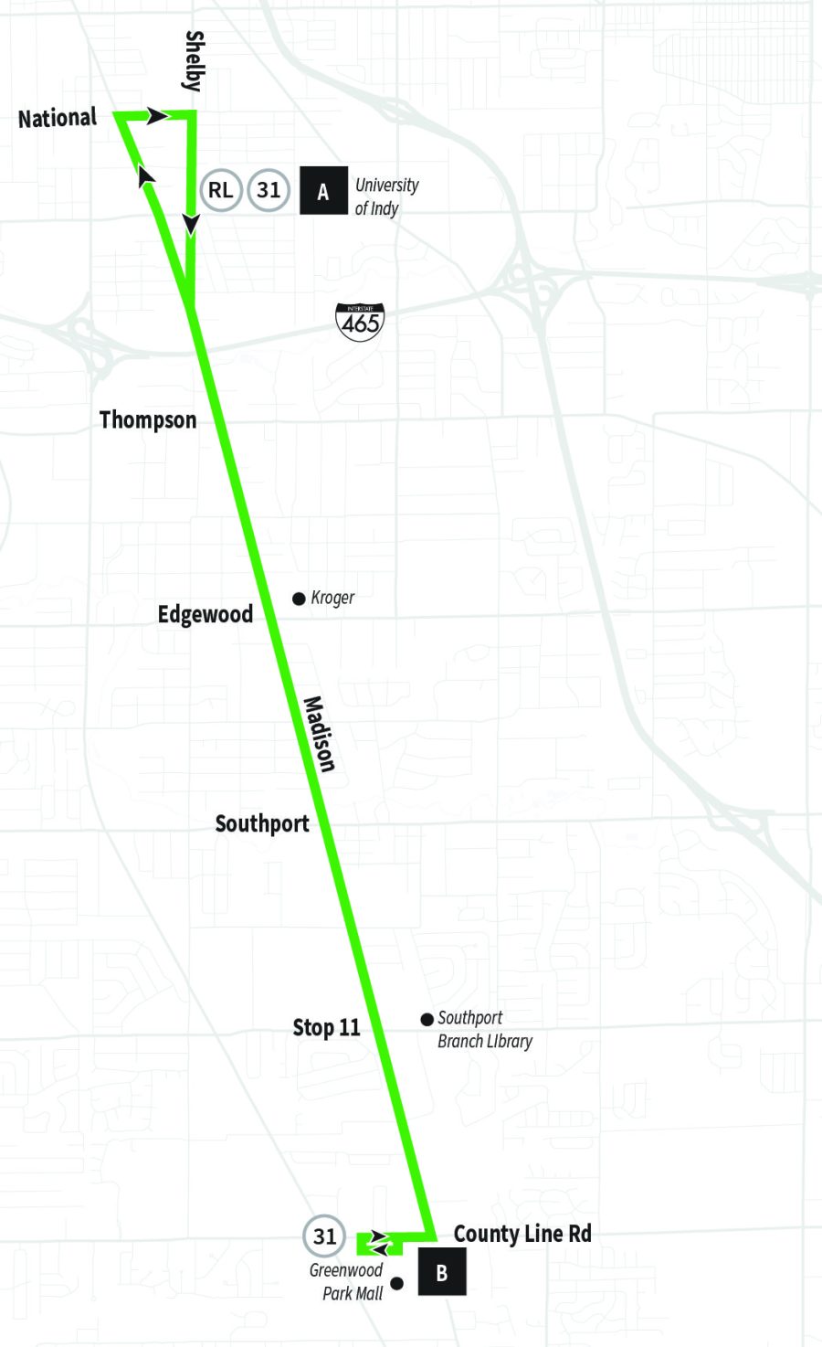 Map of Route 29 serving University of Indy to Greenwood Park Mall