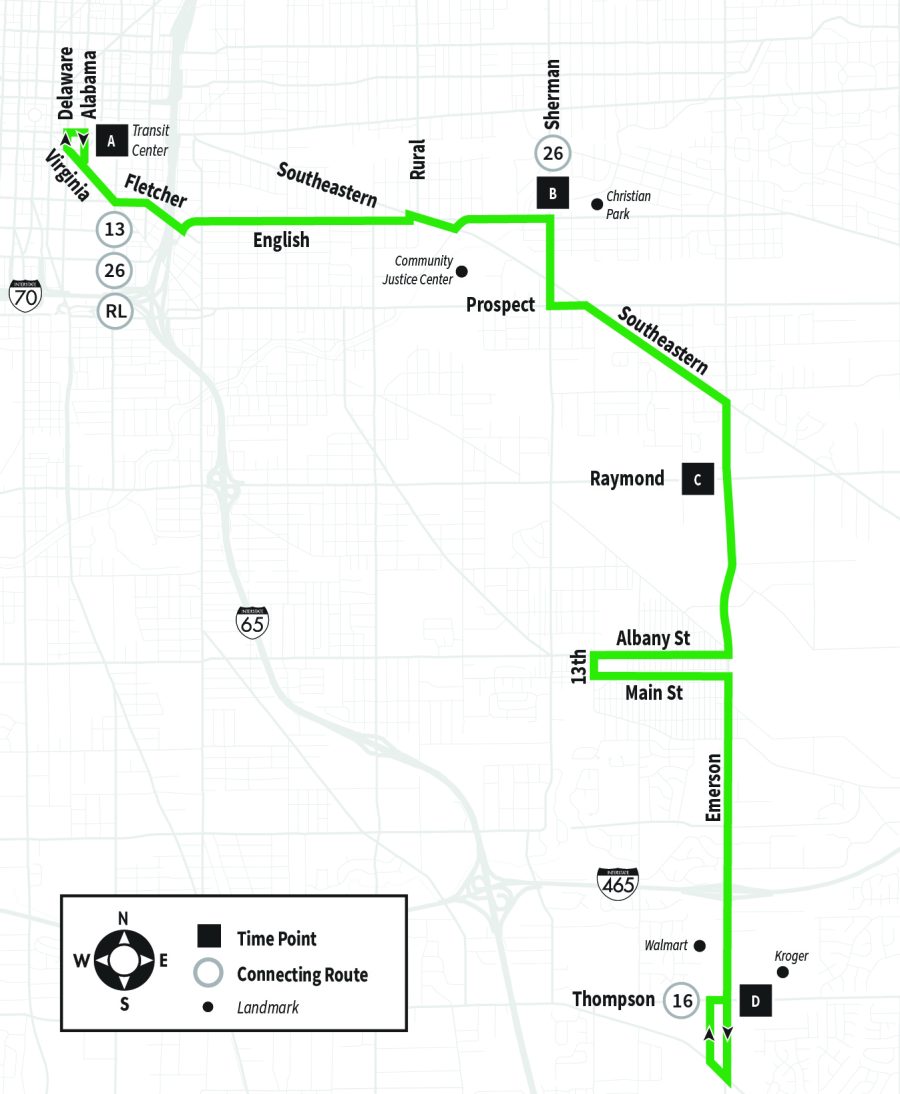 Map of Route 56 serving Carson Transit Center to Thompson Road Kroger