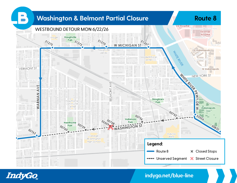 Map showing the new Route 8 westbound detour