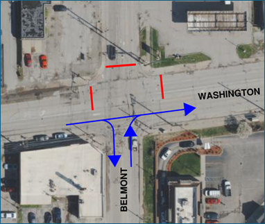 Map of the Belmont Avenue and Washington Street intersection that shows no southbound Belmont access to Washington, only right turns from Washington south on Belmont and only right turns from Belmont east on Washington.