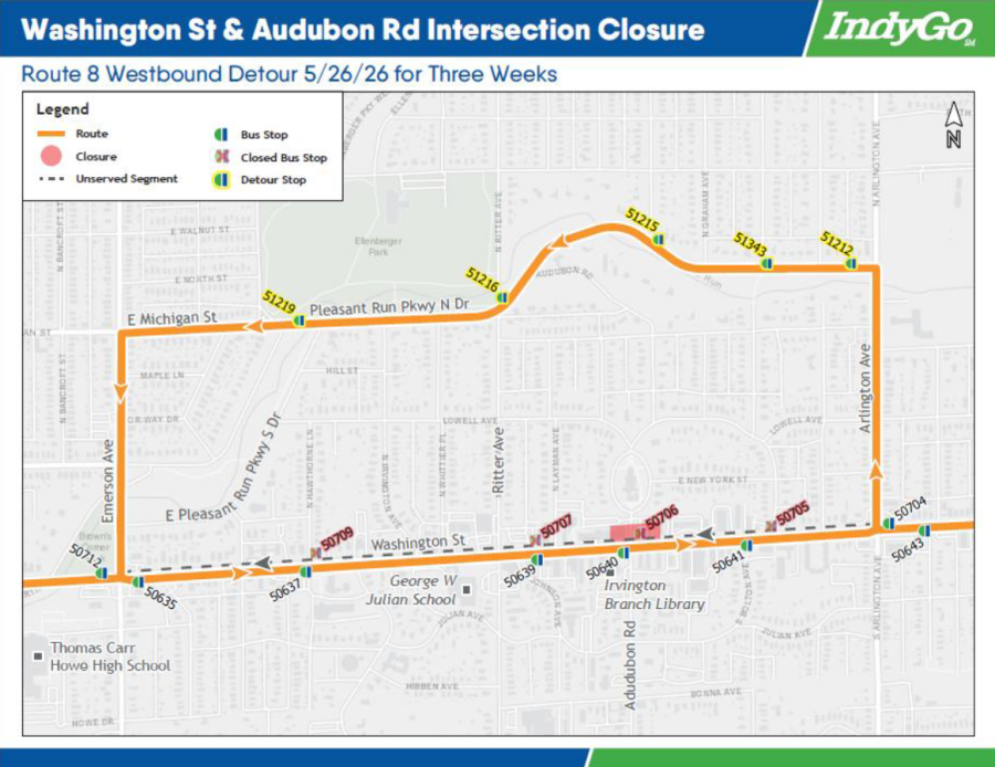 Map of Washington Street westbound bus detour. Showing closed bus stops 50705, 50706, 50707, 50709, and temporary bus stops 51212, 51343, 51215, 51216 and 51219 along Pleasant Run Parkway.