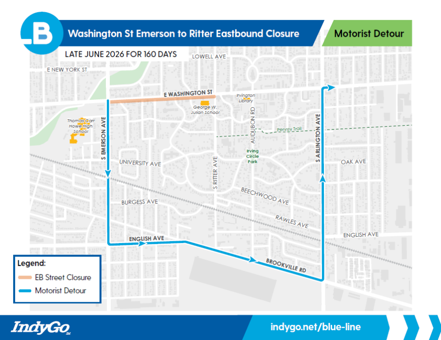 Map of eastbound Washington closure with a detour for motorists from Emerson to English to Brookville to Arlington.