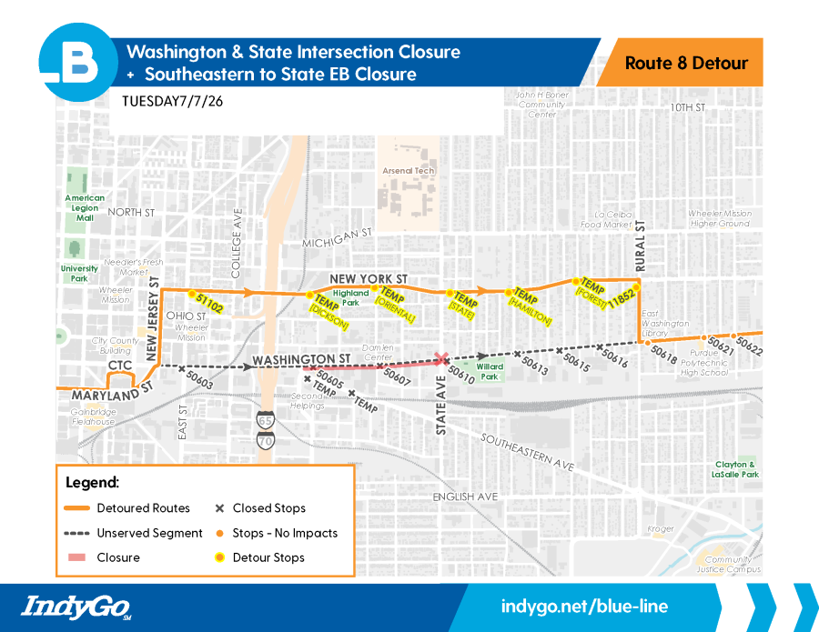 Route 8 detour map for July 7, 2026 for approximately two weeks