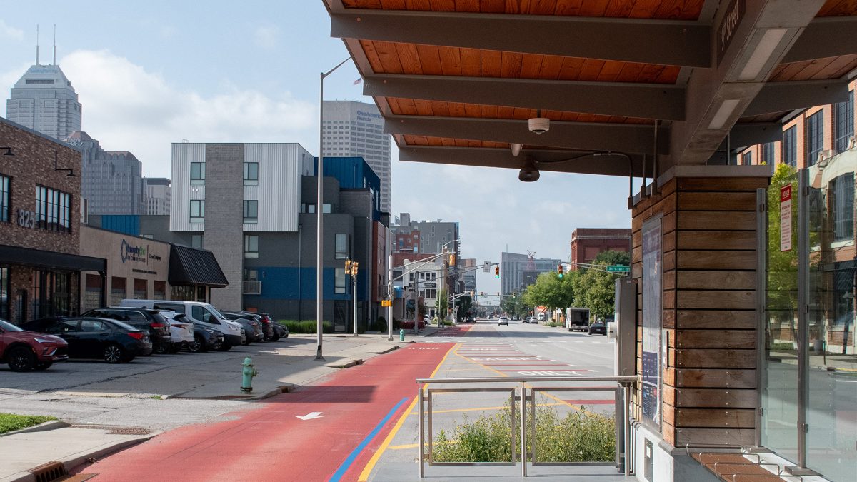 bus stop in downtown Indianapolis